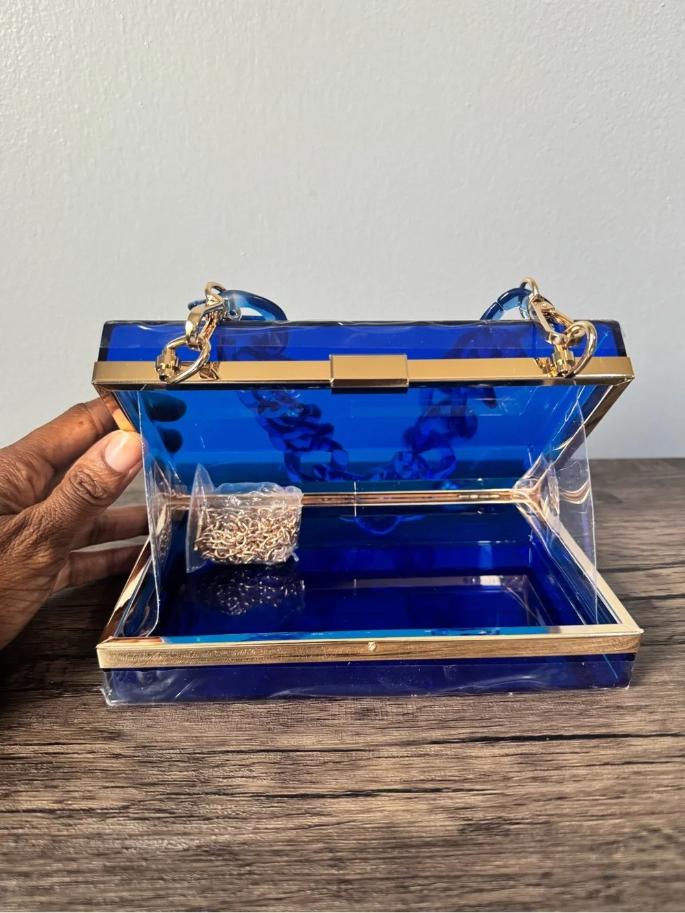Blue Acrylic Stadium Concert Clear Box Clutch with Chain Handle
